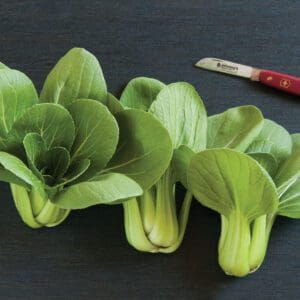 Fresh bok choy with a vegetable peeler on a dark surface.
