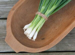 A bunch of fresh green onions tied together on a wooden bowl.