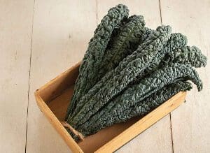 Fresh kale leaves neatly arranged in a wooden box.