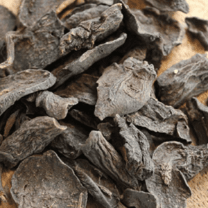 Close-up of dried black fungus mushrooms.
