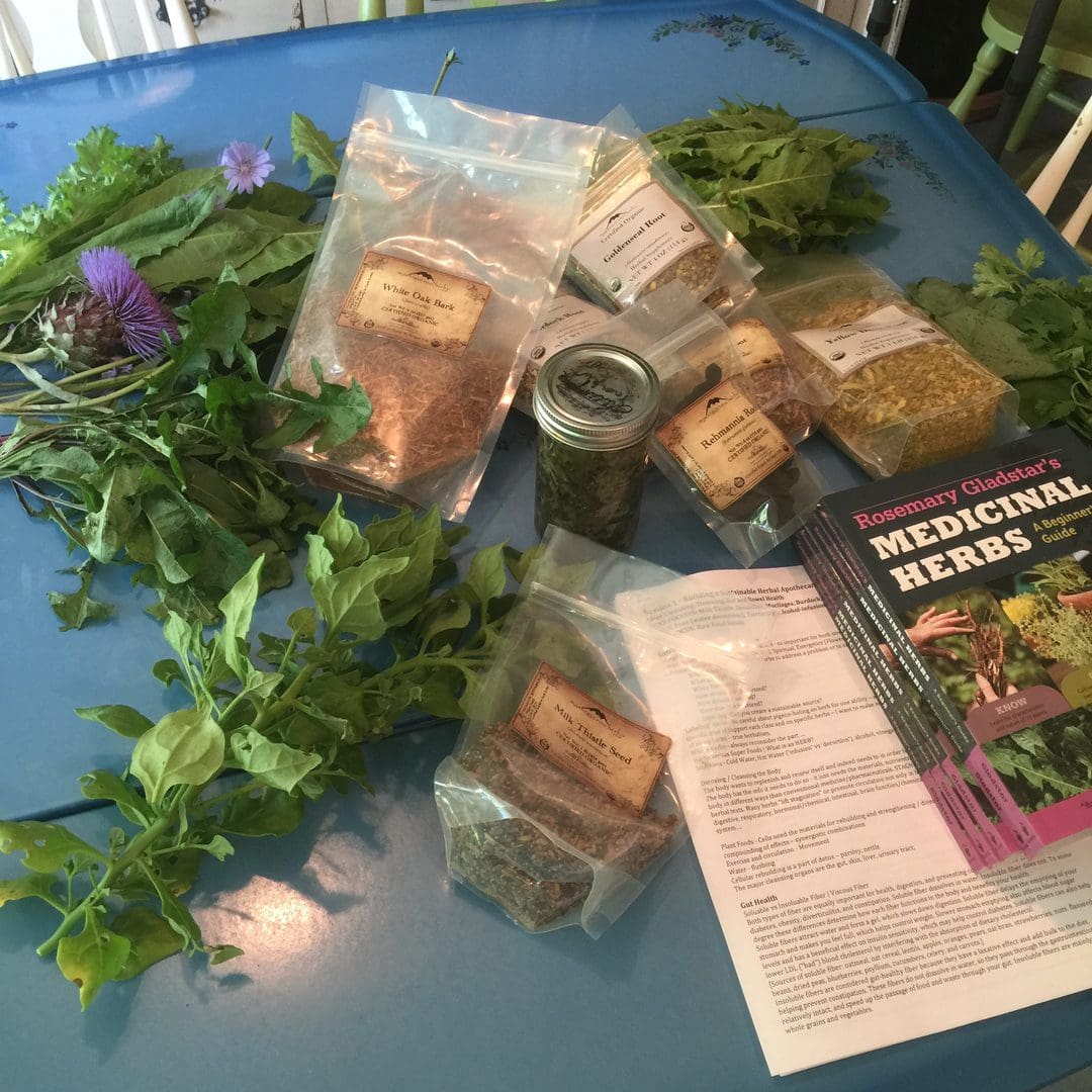 Herbs and seeds with a gardening guide on a blue table.