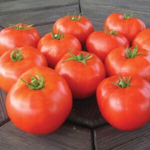 A group of ripe red tomatoes on a dark wooden surface.