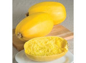Two yellow spaghetti squashes with one cut open showing its stringy flesh.
