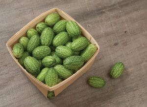 A basket filled with fresh green cucamelons on a wooden surface.