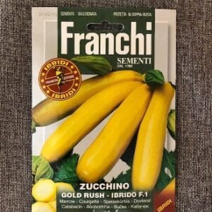 Packet of Franchi Zucchino Gold Rush zucchini seeds with image of yellow zucchinis.