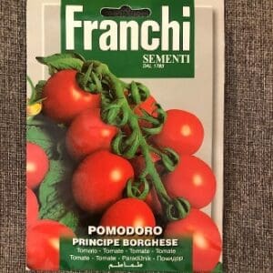 Package of Franchi Pomodoro Principe Borghese tomato seeds with vine-ripened tomatoes.