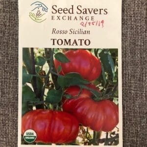 Rosso Sicilian tomatoes with rich red color and ribbed texture on seed packet.