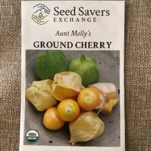 Packet of Aunt Molly's ground cherry seeds with fruit image.