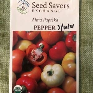 Packet of Alma Paprika pepper seeds with colorful peppers image.