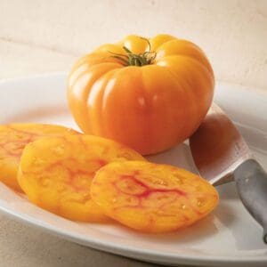 A ripe yellow heirloom tomato with sliced pieces on a white plate.
