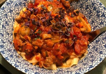 Pappardelle pasta with mushroom tomato sauce